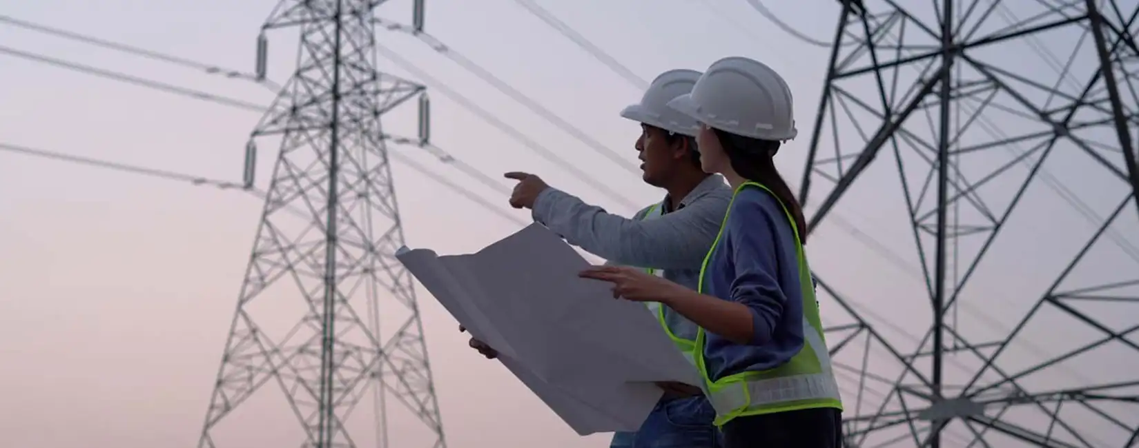 Two people hold blueprints and talk about power lines they see in the distance