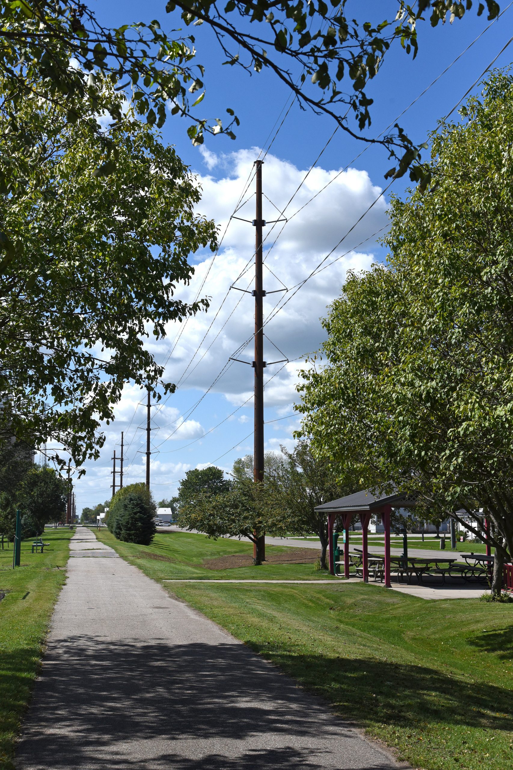 An ITC transmission pole along a trail in the city of Dysart, Iowa