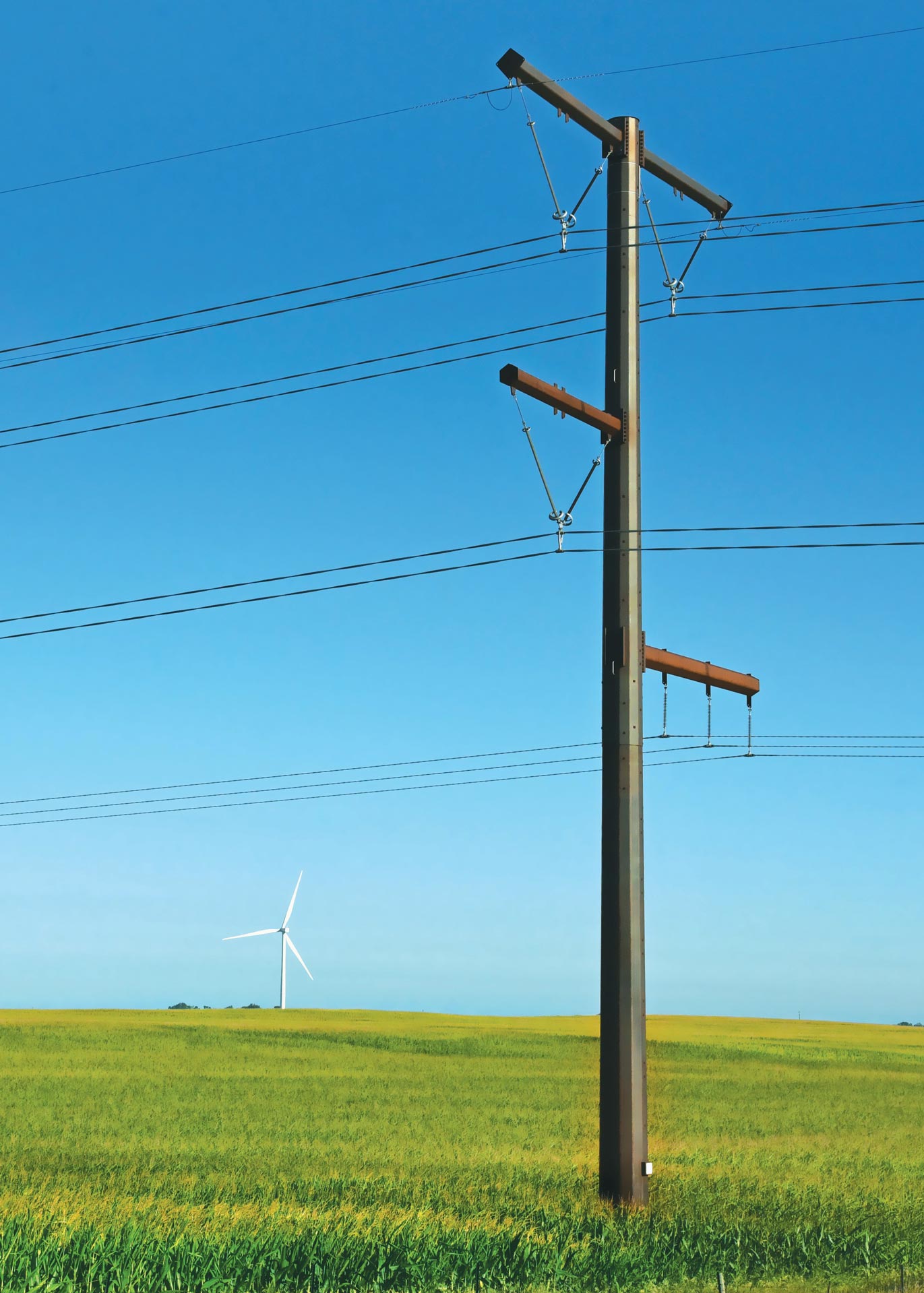 Green grass with power line and renewable wind energy