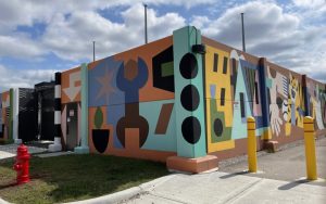 Colorful mural on the outside of a substation in Detroit, Michigan.