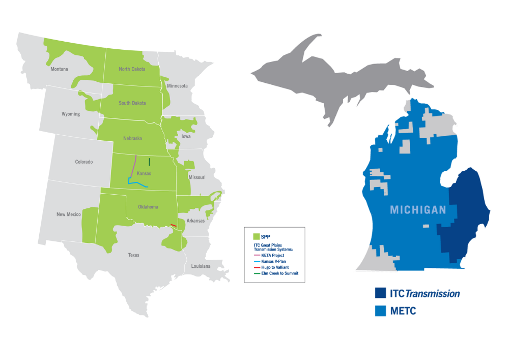Two maps side by side of ITC Great Plains and ITC Michigan service territories.