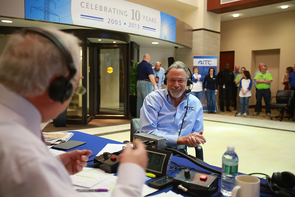 Joe Welsh being interviewed for ITC's 10th anniversary.