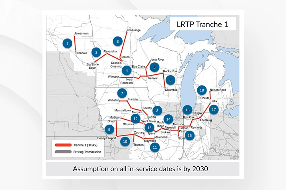 Descriptive map of MISO's LRTP Tranche 1 project.