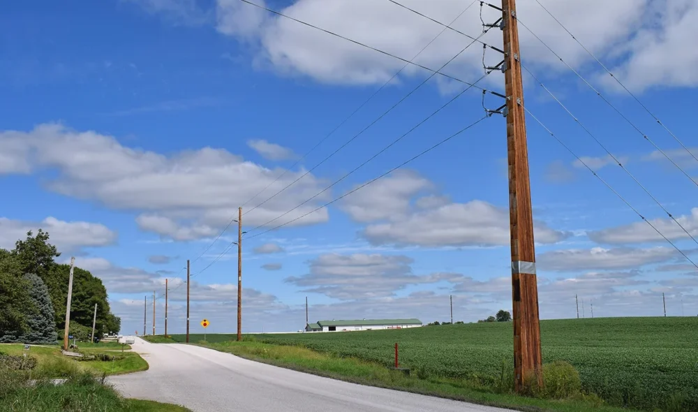 Transmission lines alongside a road and farm on a cloudy day.