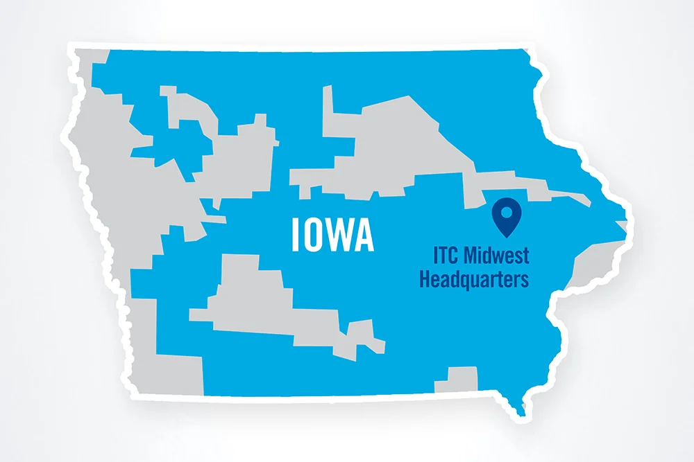 Map of Iowa showcasing ITC's territory and Midwest HQ.